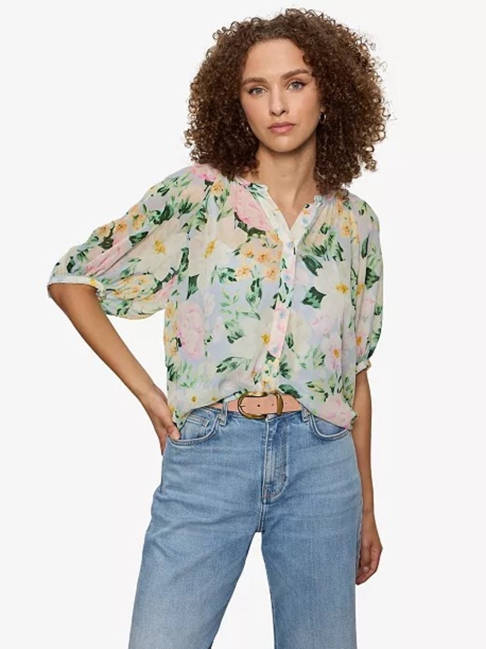 Sanctuary Floral Button-Front Blouse in Pastel Multi with Removable Cami